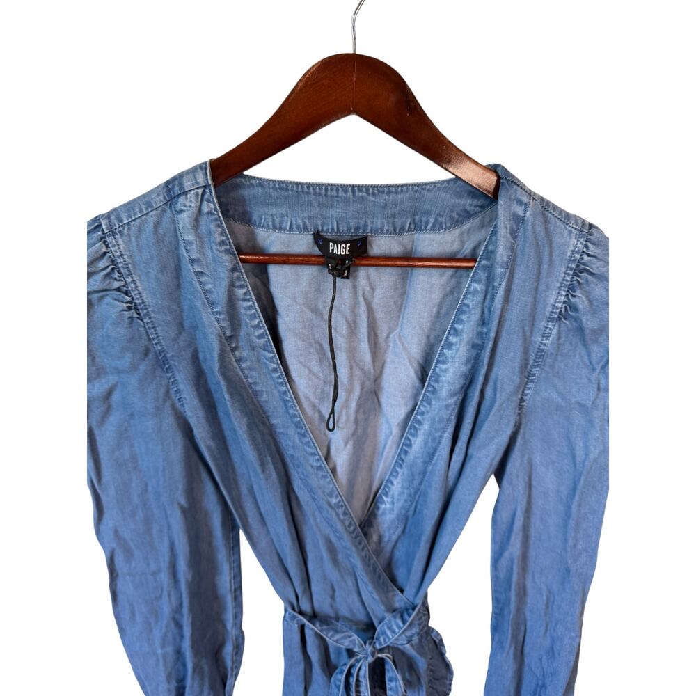 PAIGE NWOT Kendry Dress Juno Denim Chambray Size Small Long Sleeve Wrap Ruffles - Picture 4 of 11